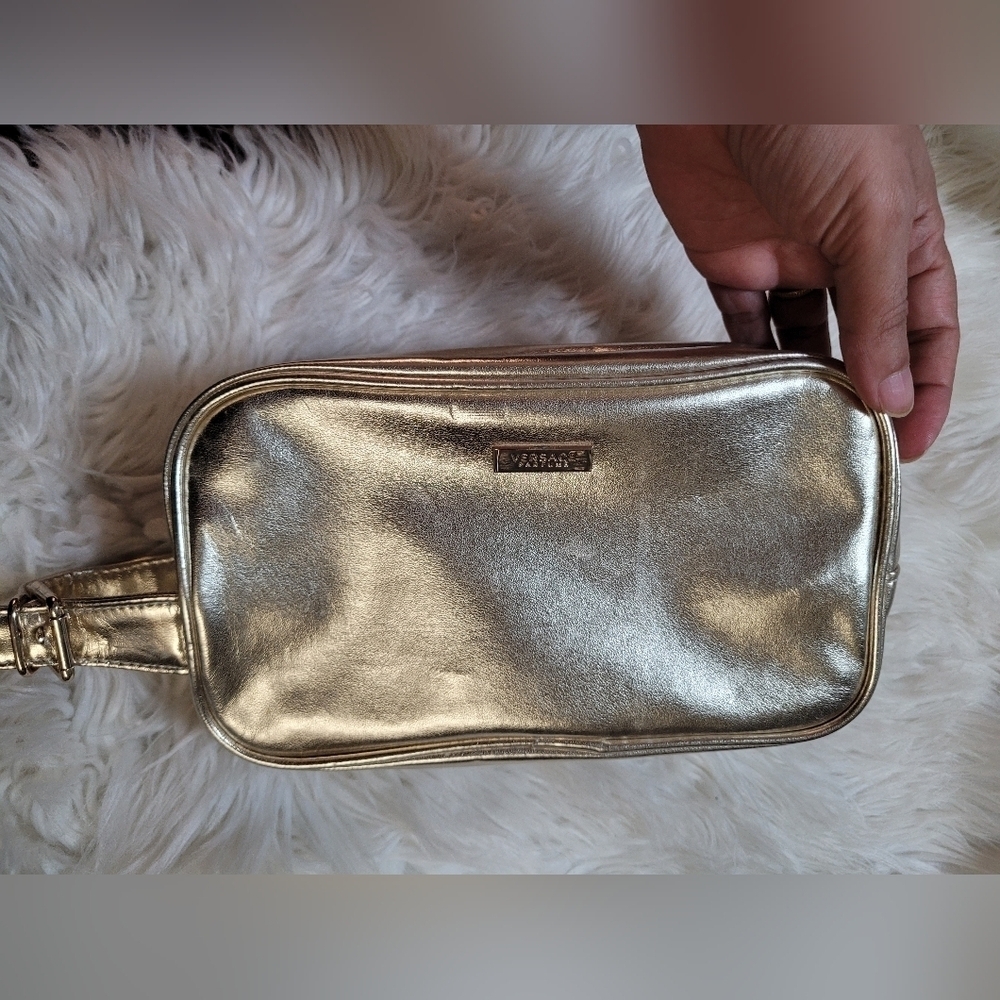 Versace Perfumes Pouch Makeup Travel Bag Gold With Zipper Snd Belted Handle